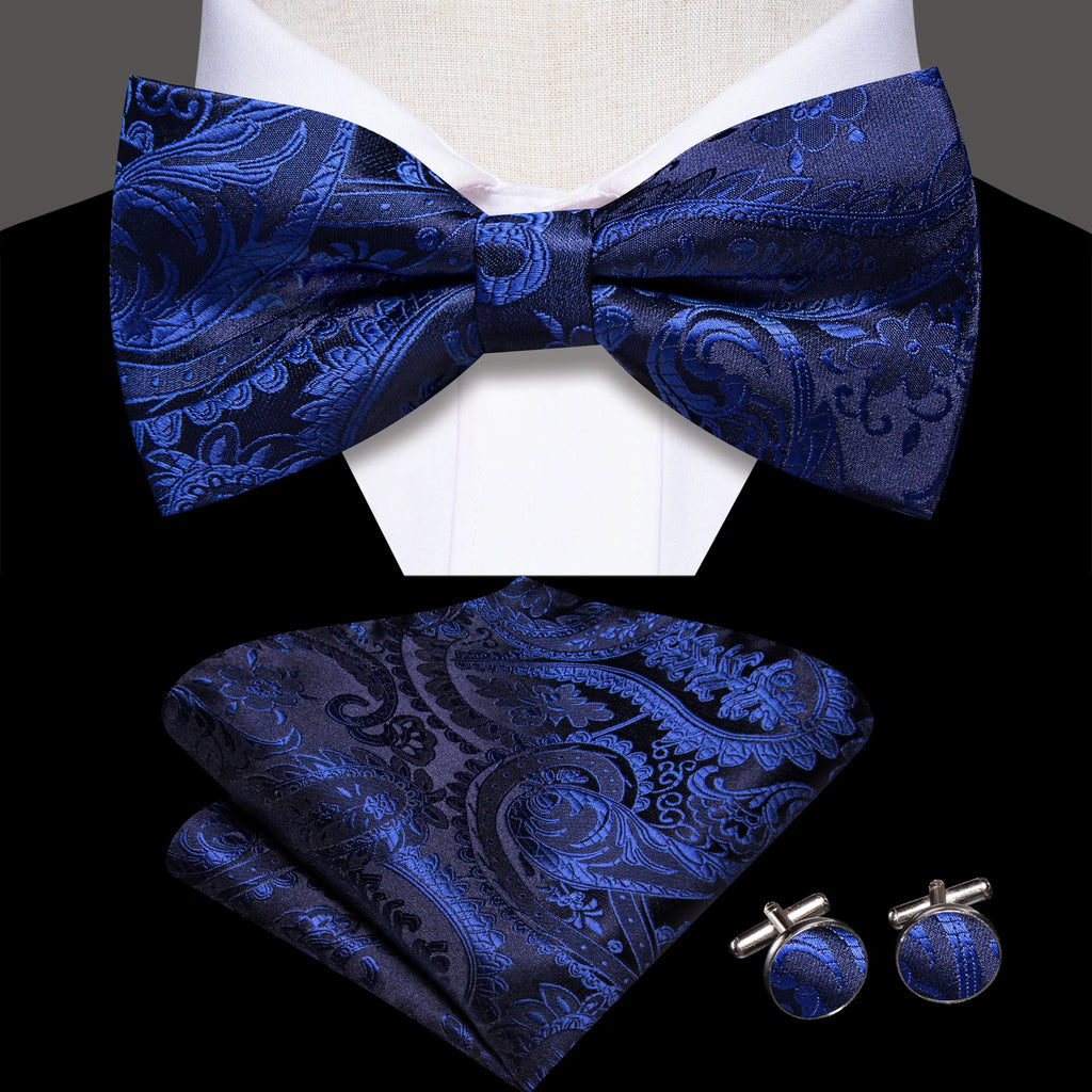 Conjunto de gravata paisley preta de luxo masculino, caixa de presente inclui gravata, gravata borboleta, lenço, abotoaduras, anel, clipe de lapela, boutonniere.