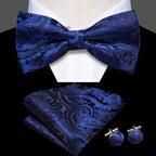 Conjunto de gravata paisley preta de luxo masculino, caixa de presente inclui gravata, gravata borboleta, lenço, abotoaduras, anel, clipe de lapela, boutonniere.