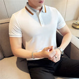 Verão de malha cor bloqueada listra colarinho polos camisas de alta qualidade moda masculina manga curta magro camiseta topo roupas masculinas