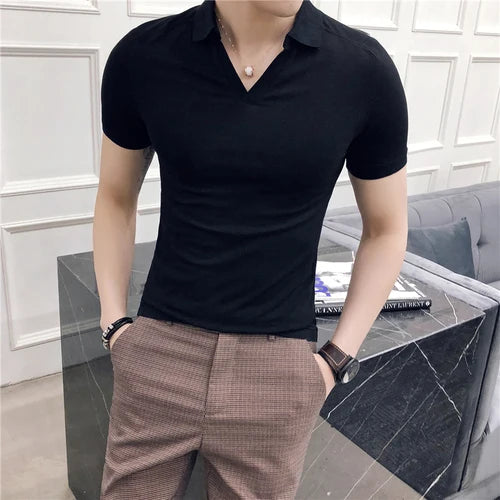 Polo com decote em v respirável masculino, manga curta, slim fit, camiseta monocromática, roupas de streetwear, nova moda, verão, 4XL, 2022