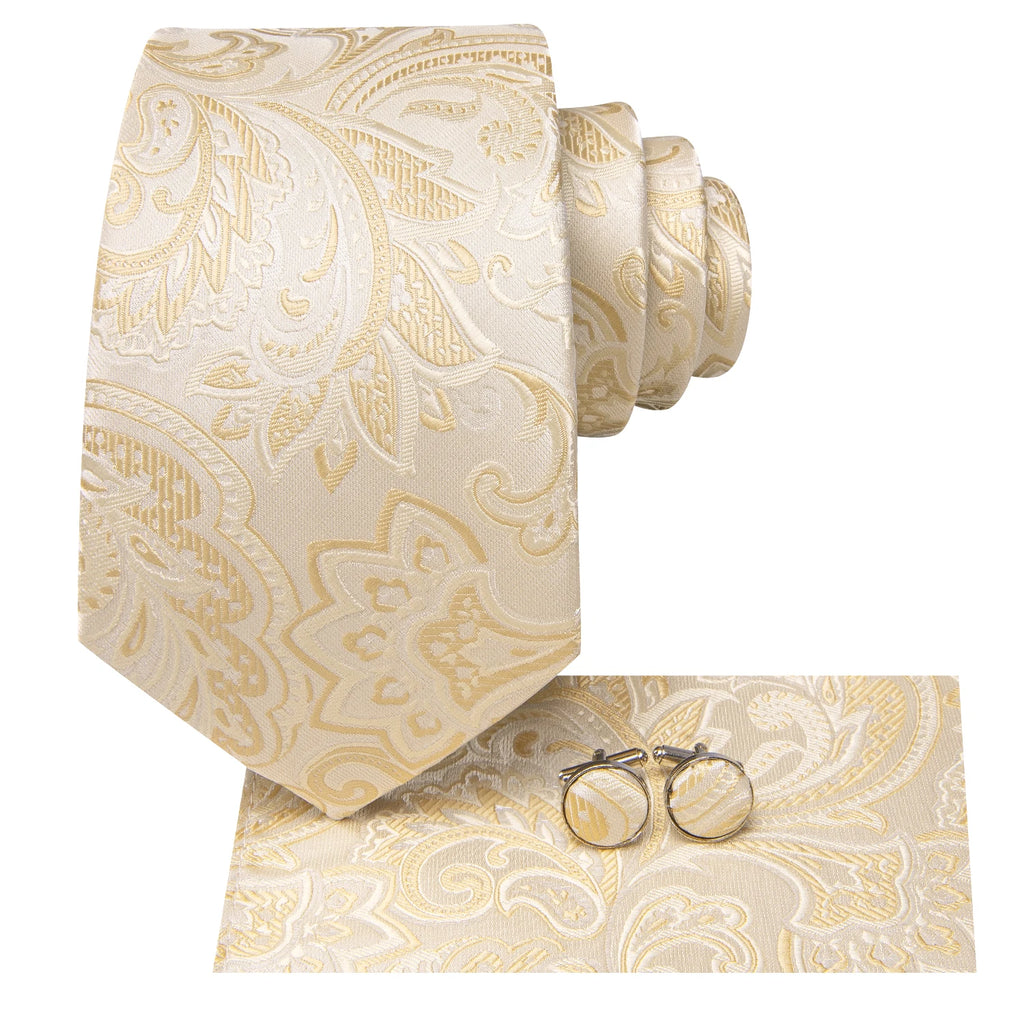 Hi-tie floral champanhe marfim masculino elegante gravata lenço abotoaduras para smoking moda clássico seda gravata de luxo para homem