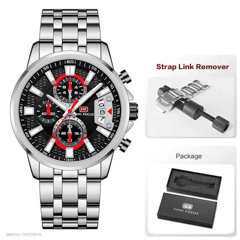 MINI FOCUS Motley Relógios para Homens Moda Esporte Cronógrafo Relógio de Pulso de Quartzo com Data Luminosa Mãos Pulseira de Aço Inoxidável Homem