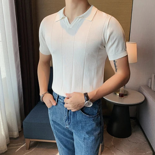Estilo britânico v pescoço polo camisa dos homens de verão manga curta tricô t moda lapela cor sólida fino ajuste negócios polos casuais