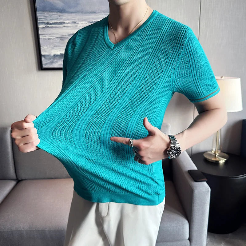 Camiseta masculina fina de seda gelo oca de malha, casual com decote v, manga curta, camiseta respirável, malha de elasticidade, estilo britânico, verão