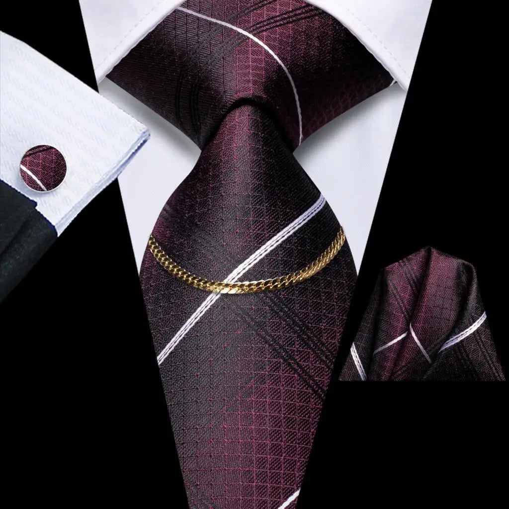 Hi-Tie-Gravatas de seda xadrez de luxo masculinas, conjunto de abotoaduras, design preto, presente de casamento, corrente de gravata moda