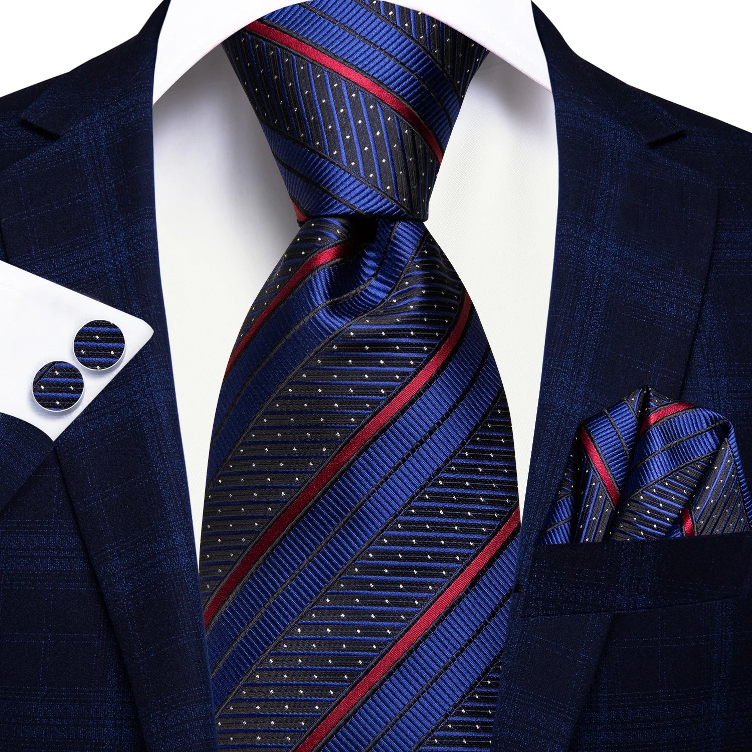 Hi-tie listrado borgonha azul preto masculino elegante gravata lenço abotoaduras 3 pçs conjunto moda clássico seda gravata de luxo para homem