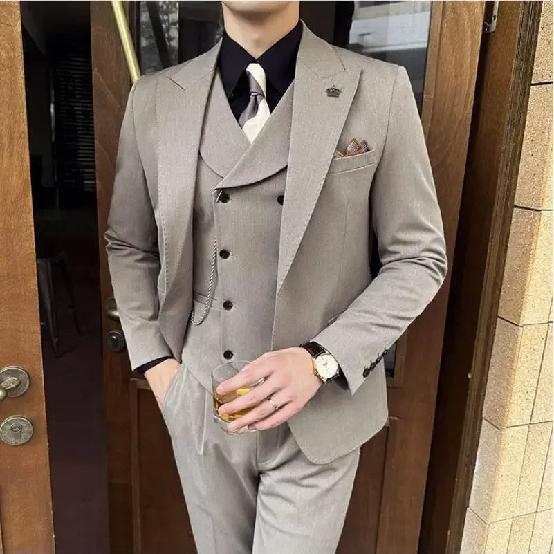 (Jaquetas + calças + colete) homens de alta qualidade fino ajuste festa smoking 3 peças moda duplo breasted colete design casamento terno social