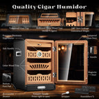 Humidor de charutos, armário de mesa com tampo de vidro, bandeja de cedro espanhol, gaveta de acessórios, 2 umidificadores e higrômetro digital, dia dos pais