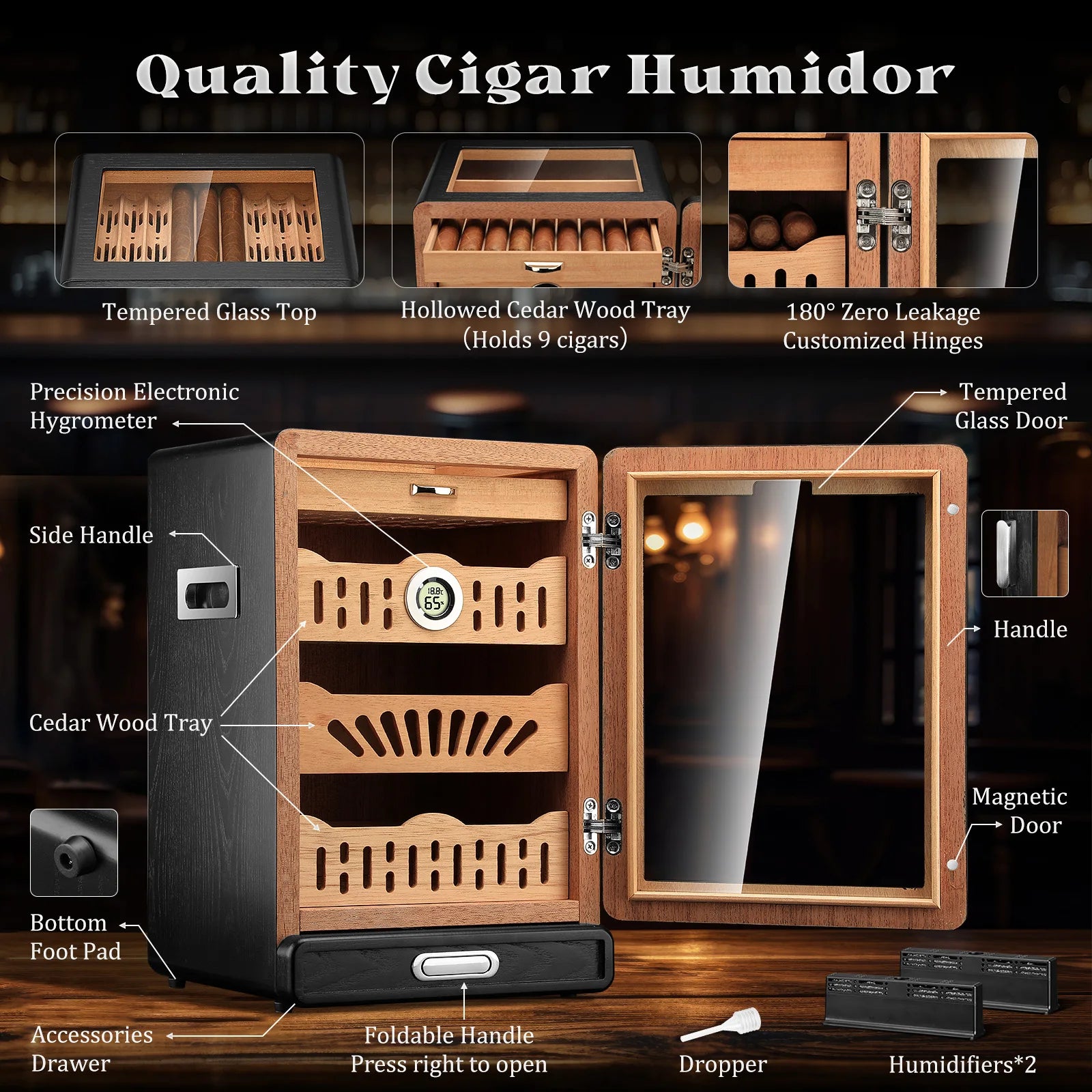 Humidor de charutos, armário de mesa com tampo de vidro, bandeja de cedro espanhol, gaveta de acessórios, 2 umidificadores e higrômetro digital, dia dos pais