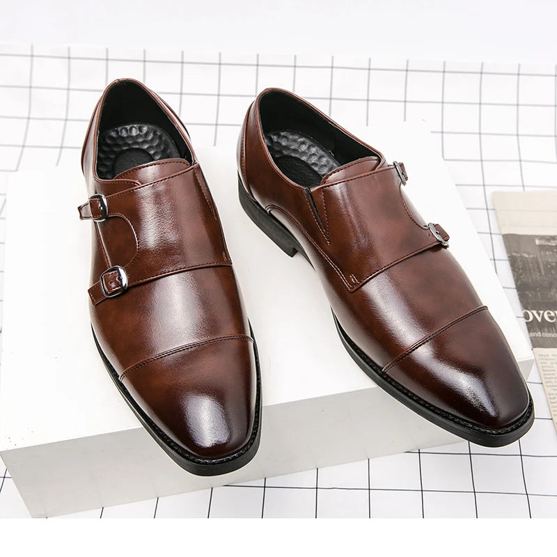 Sapato de couro de salto baixo apontado masculino, marca clássica, versátil, escritório, negócios, casual, formal, grande, tamanho 38-48