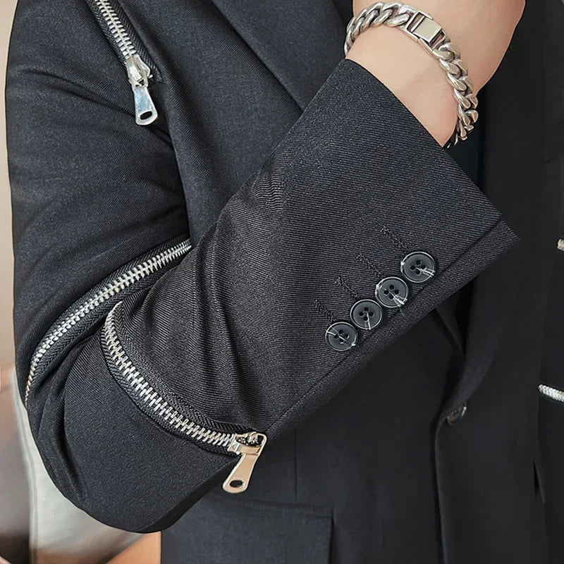 2024 outono novo zíper decoração blazer masculino casual fino ajuste vestido de negócios casacos homme formal baile de formatura smoking roupas masculinas