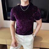 Camiseta bronzeadora de veludo dourado primavera verão novo o-pescoço moda masculina fino ajuste casual respirável t camisa pulôver roupas masculinas