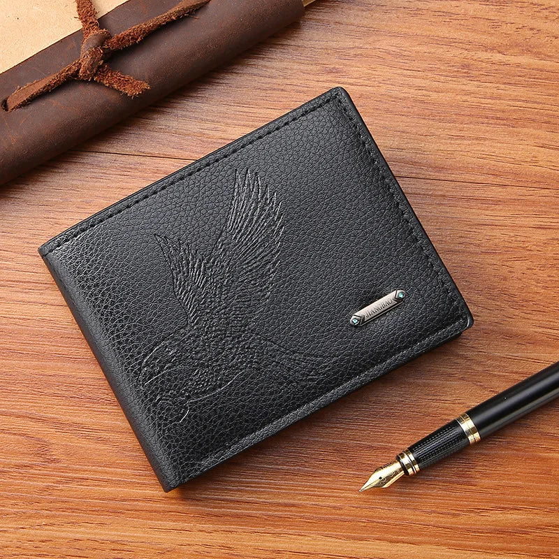 Carteiras de couro masculinas clássicas finas e minimalistas padrão falcão bifold titular do cartão de identificação de crédito carteira bolsa curta fina clipe de dinheiro