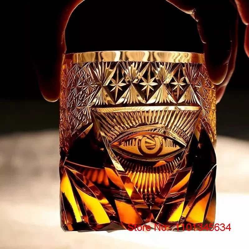 Olho de deus edo kiriko copo de vinho corte à mão âmbar cristal copo de uísque símbolo de energia high end brandy snifter rock vidro para chefe