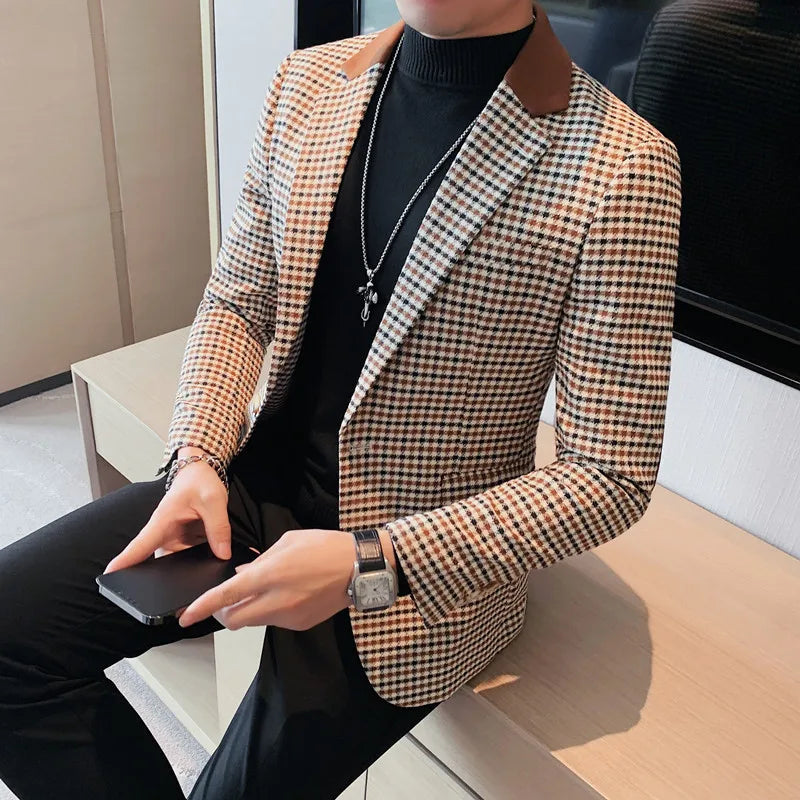 2024 outono inverno coreano houndstooth blazer jaquetas moda cor combinando lapela design casual masculino xadrez terno casaco smoking