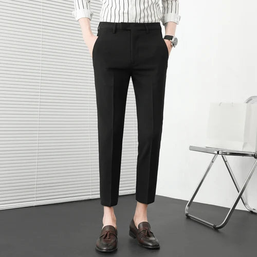 Verão nova cor sólida negócios calças casuais masculino fino ajuste social terno pant formal escritório tornozelo comprimento calças streetwears 36-29