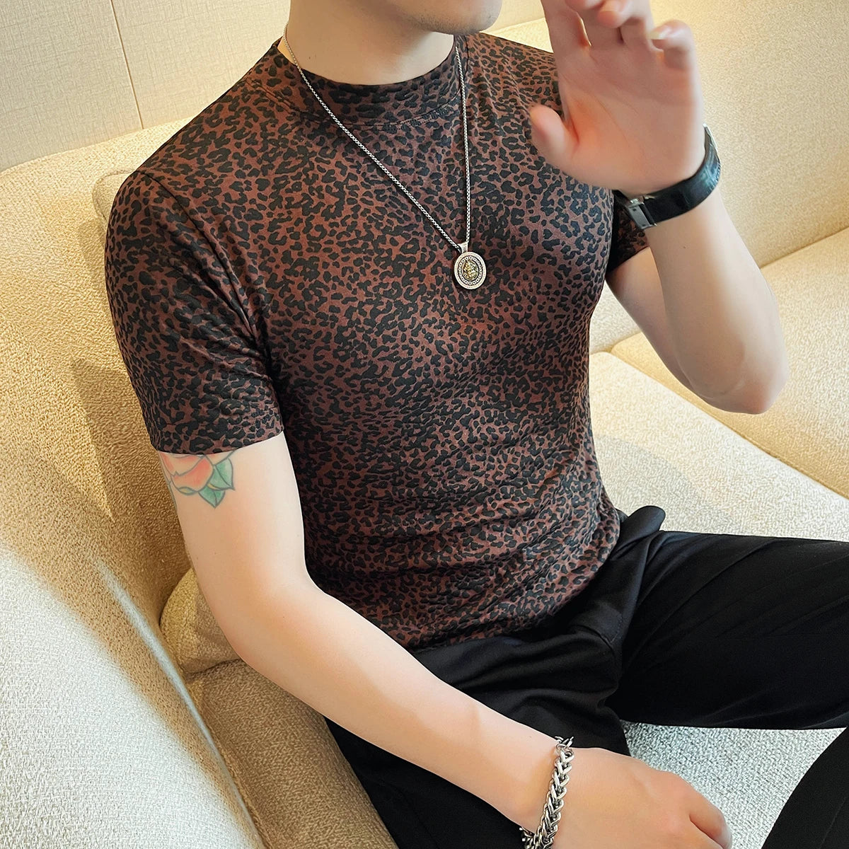 Padrão de leopardo t camisa para homens verão nova moda 3d impresso mangas curtas fino ajuste em torno do pescoço casual camisetas streetwear 4xl-m