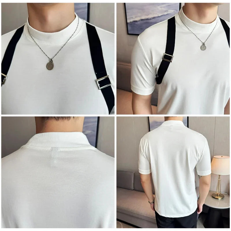 T-shirt de tecido masculino para decoração, slim fit, elástico, gola meia alta, camiseta de manga curta, design de emenda, moda coreana, nova