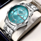 Megir relógio masculino de quartzo com pulseira de aço inoxidável, relógio de pulso estilo simples e data do dia, calendário, caixa de liga