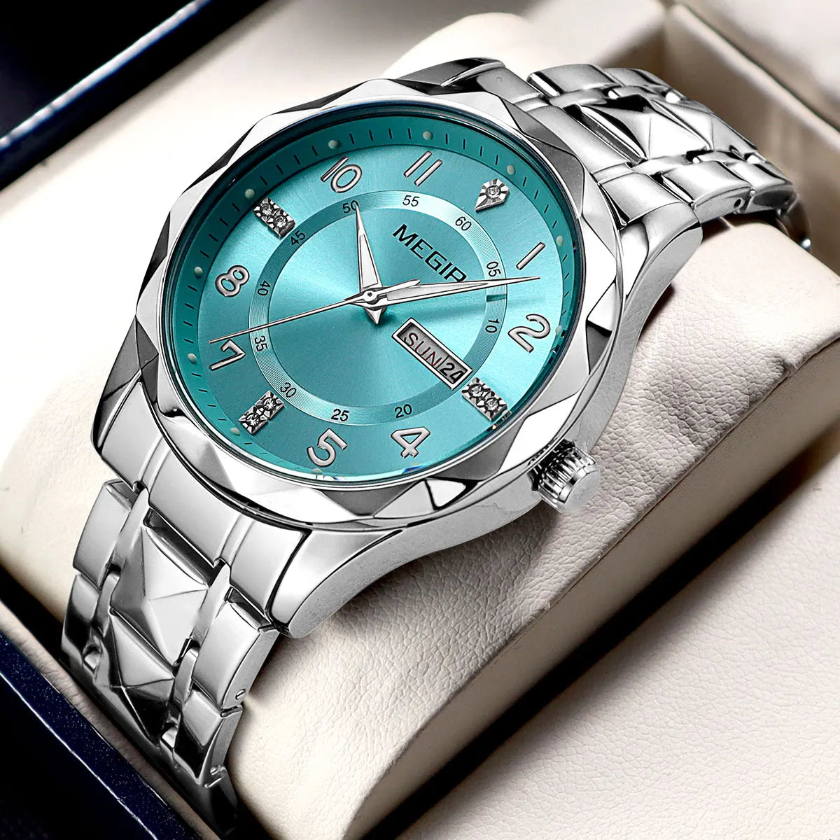 Megir relógio masculino de quartzo com pulseira de aço inoxidável, relógio de pulso estilo simples e data do dia, calendário, caixa de liga