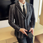 Alta qualidade de pelúcia listrado moda casual terno jaqueta outono inverno novos homens fino ajuste negócios formal social baile festa smoking