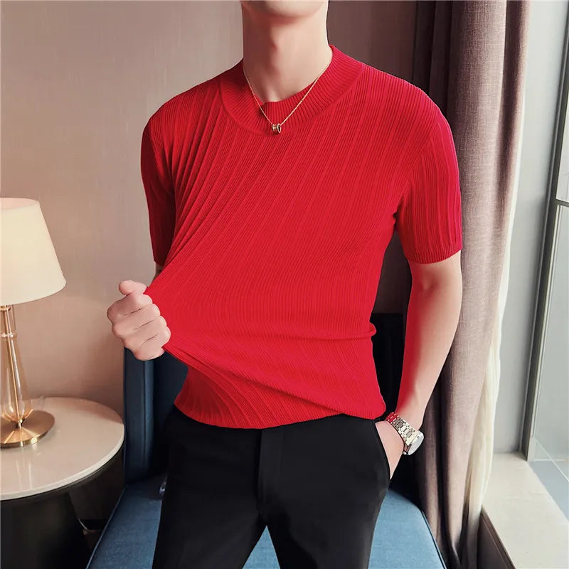 Camisola de malha de manga curta, camiseta elástica, gola redonda, slim fit, meia manga coreana, camiseta listrada, novo, verão, 6 cores, 2024