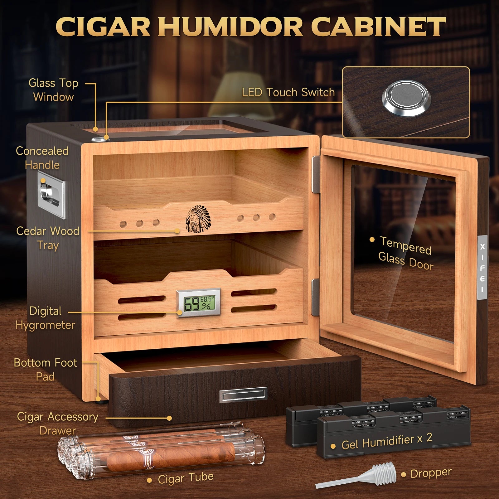 Armário umidificador de charutos, iluminação LED, higrômetro digital, 2 umidificadores, tubo de charuto, mesa, madeira de cedro, com gaveta de até 100 charutos