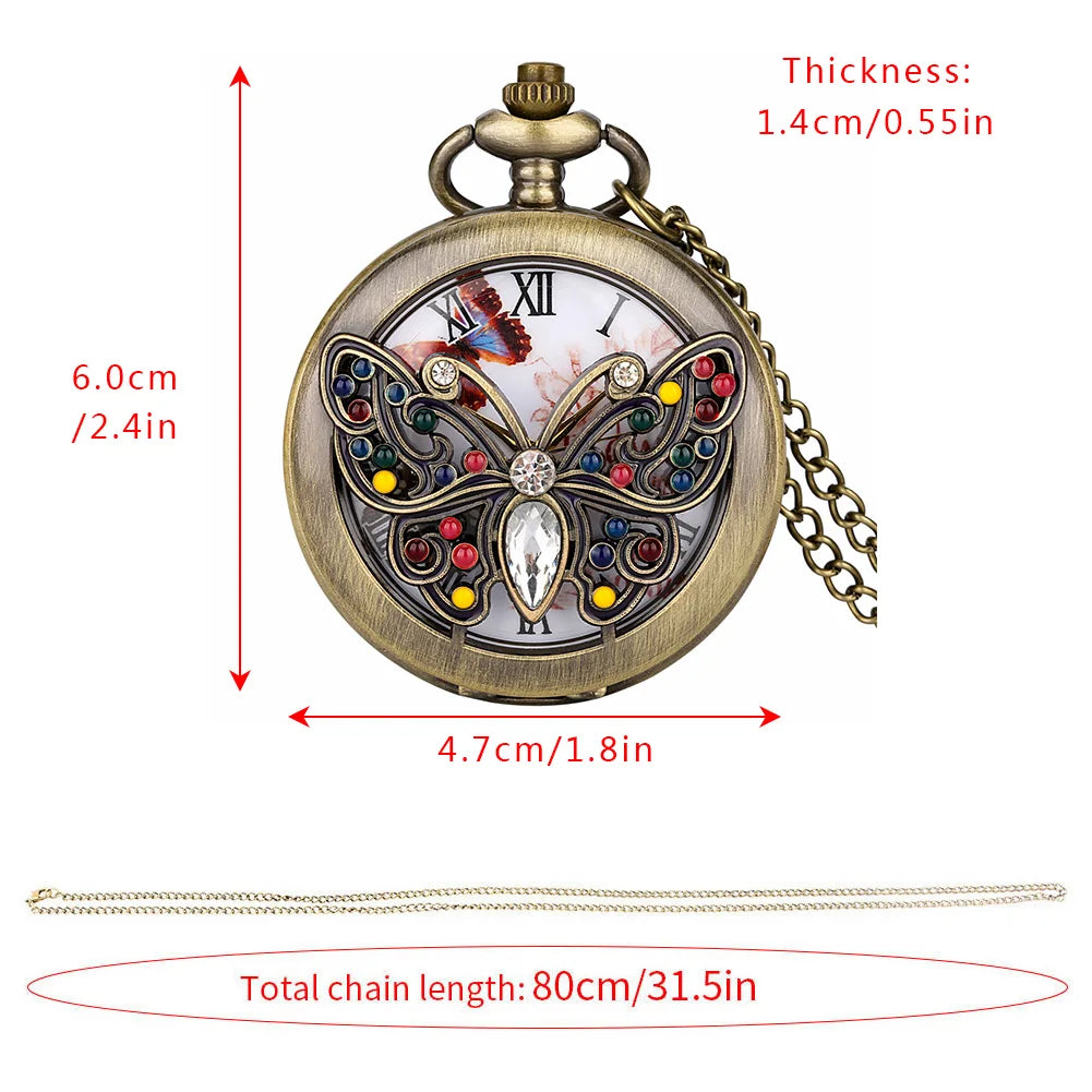 Relógio de bolso de quartzo libélula cristal diamante incrustado para mulheres, colar charmoso, pingente corrente, vestido elegante, relógio fob match