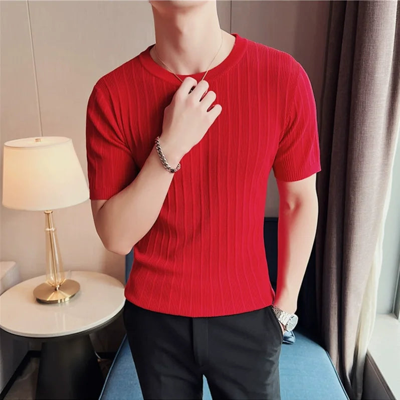 Camisola de malha de manga curta, camiseta elástica, gola redonda, slim fit, meia manga coreana, camiseta listrada, novo, verão, 6 cores, 2024