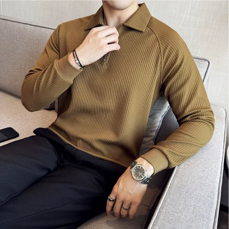 Camisa Polo masculina de Mangas Compridas Metade Zip, T-Shirt Pescoço V, Elástico Espessado, Casual Business Tee, Streetwear, 4XL-M, Primavera, Outono