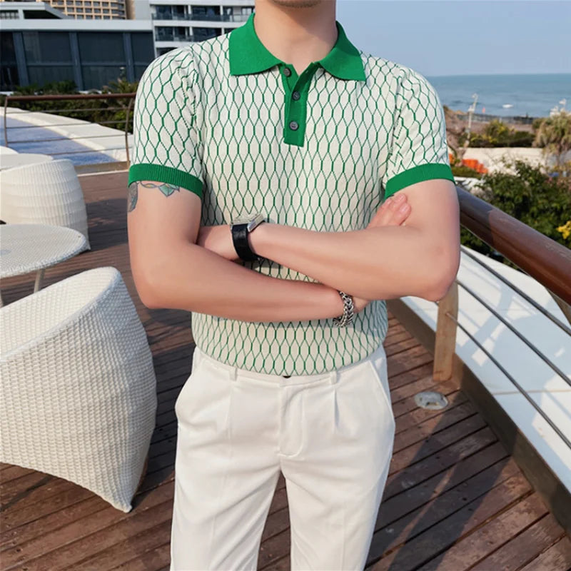 Xadrez de diamante masculino malha camisa polo, seda gelo, manga curta, slim fit, camiseta lapela, streetwear plus size, 4XL, verão, 2023
