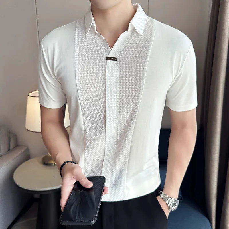 Preto/branco verão alta elástica com decote em v polo camisas masculinas waffle emenda gelo seda sem costura camiseta 2023 casual solto topos t