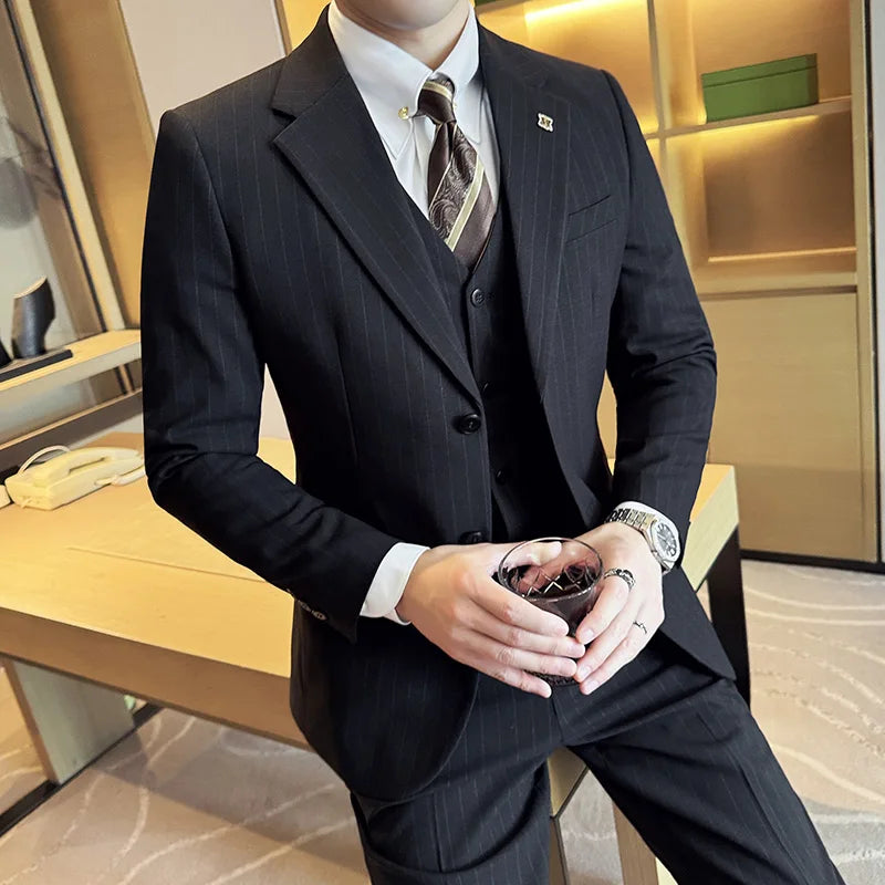 7xl-m (jaqueta + colete + calças) estilo italiano luxo listrado masculino festa smoking moda masculina casamento social fino ajuste terno 3 peça conjunto