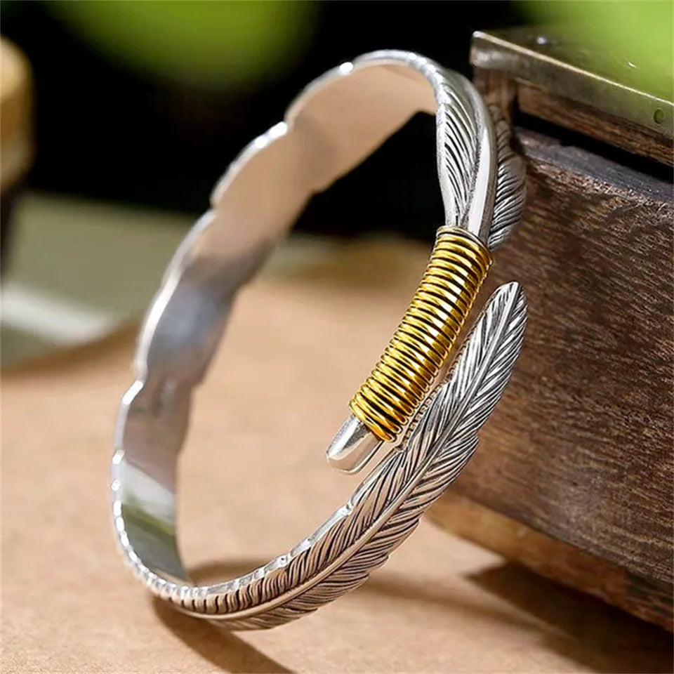Pulseira de penas com padrão de grama Tang, masculina moderna, prata antiga, personalizada, versátil, pulseira aberta retrô