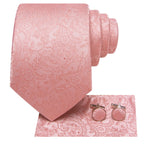 Conjunto de gravata paisley rosa elegante masculino, caixa de presente com gravata, gravata borboleta, lenço, abotoaduras, anel, clipe de lapela e boutonniere.