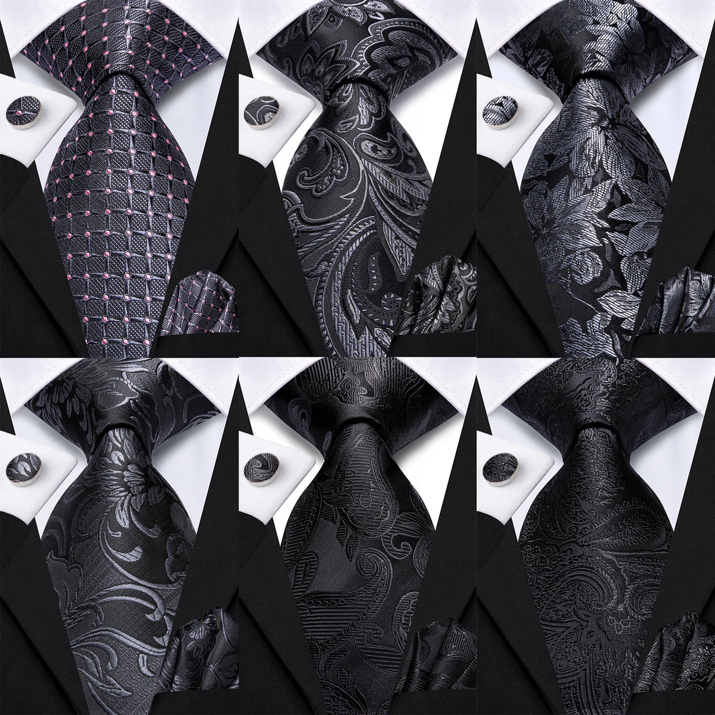 Hi-tie moda 8.5cm preto cinza floral masculino elegante gravata lenço abotoaduras conjunto acessórios de festa de casamento presente para homem gravat