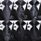 Hi-tie moda 8.5cm preto cinza floral masculino elegante gravata lenço abotoaduras conjunto acessórios de festa de casamento presente para homem gravat