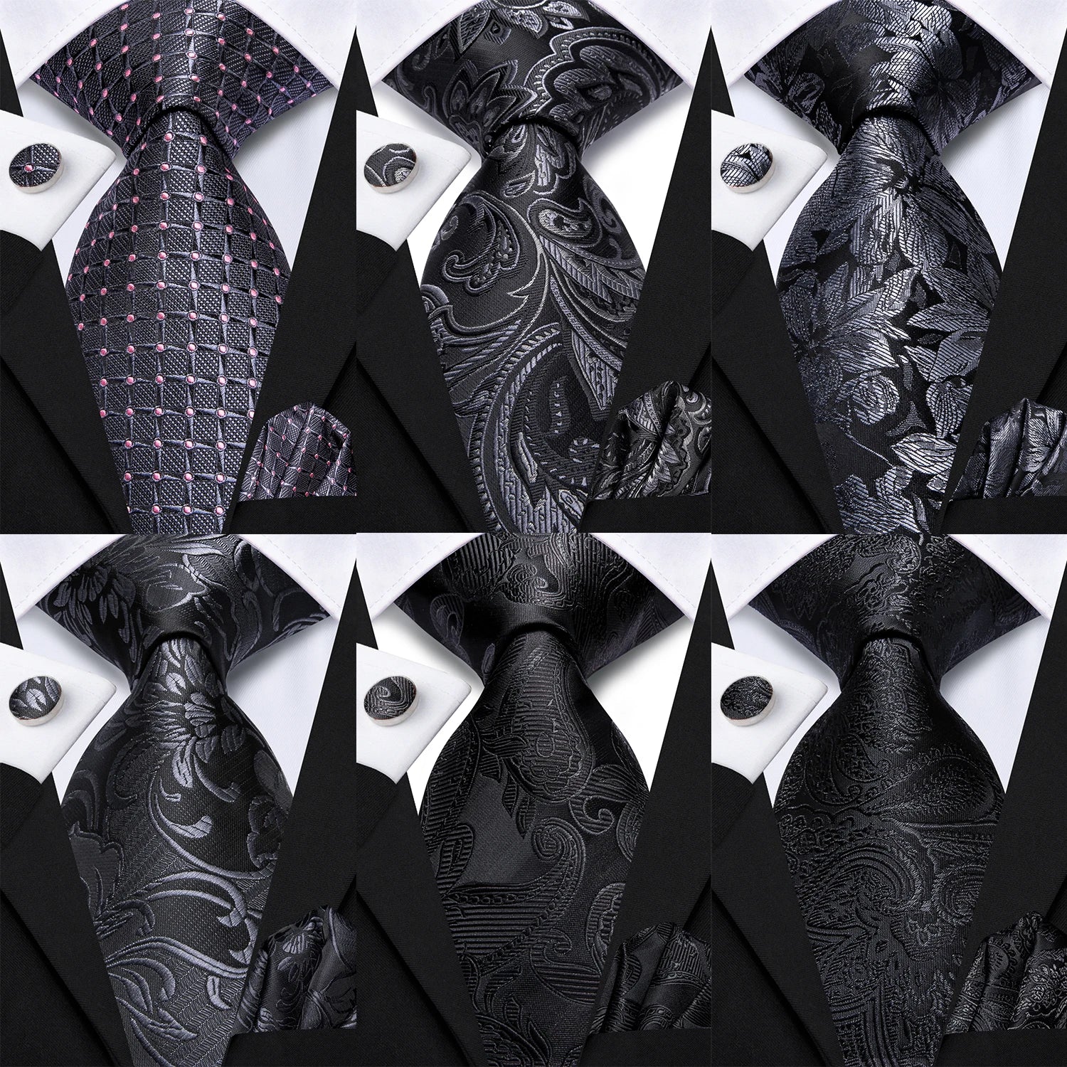 Hi-tie moda 8.5cm preto cinza floral masculino elegante gravata lenço abotoaduras conjunto acessórios de festa de casamento presente para homem gravat