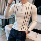 2024 outono inverno nova camisola listrada para homens moda zíper flip colarinho de malha camisa polo masculina manga longa magro casual puxar