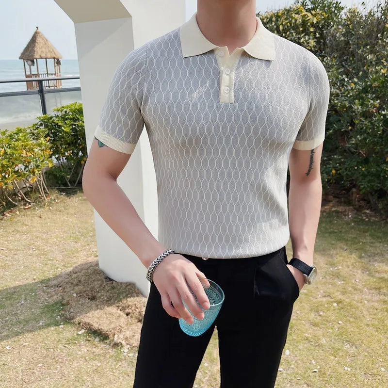 Xadrez de diamante masculino malha camisa polo, seda gelo, manga curta, slim fit, camiseta lapela, streetwear plus size, 4XL, verão, 2023