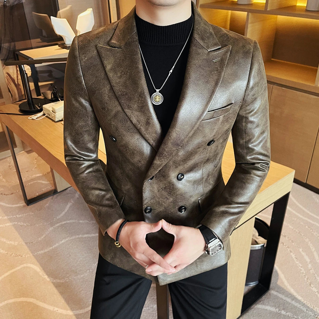 Retro duplo breasted jaqueta de couro dos homens high-end moda fino ajuste negócios casual terno casaco formal festa social baile smoking