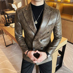 Retro duplo breasted jaqueta de couro dos homens high-end moda fino ajuste negócios casual terno casaco formal festa social baile smoking