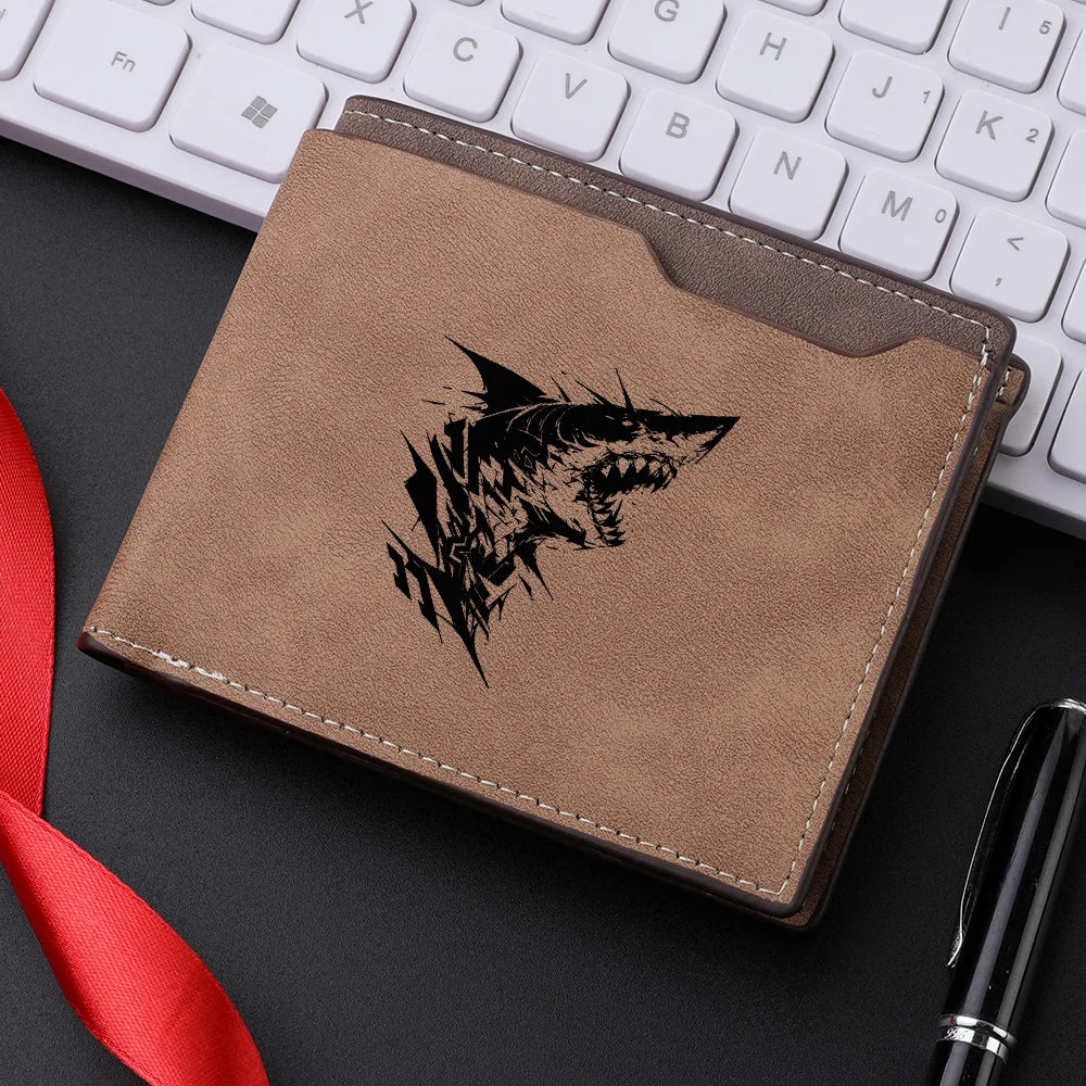 Carteira curta masculina com padrão de tubarão couro PU retrô design casual carteira com slot para vários cartões para jovens estudantes