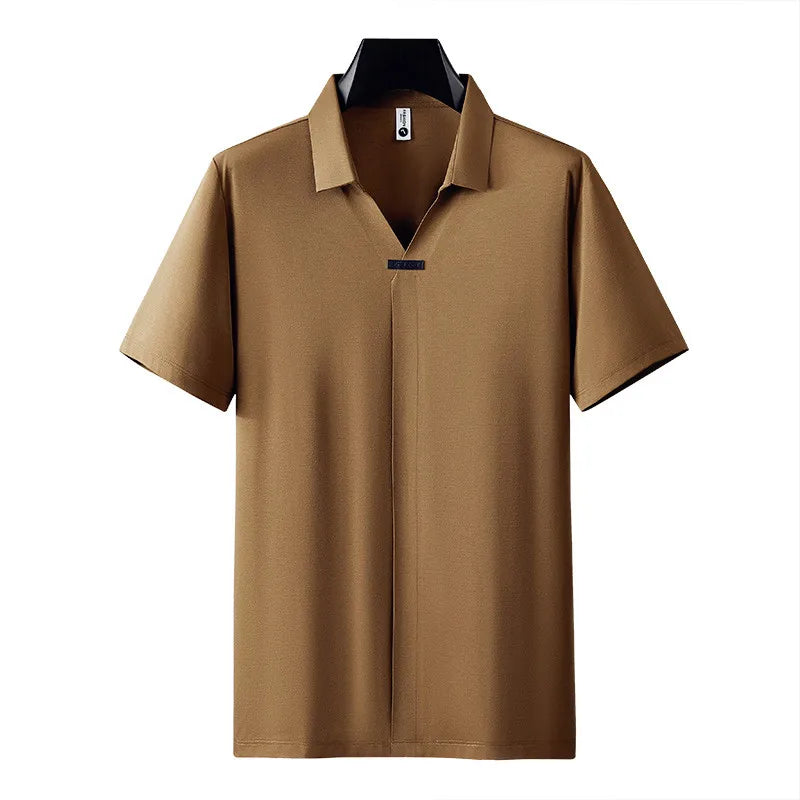 Verão de alta elasticidade com decote em v camisa polo masculina de alta qualidade seda gelo sem costura casual manga curta camiseta roupas masculinas 4xl-m