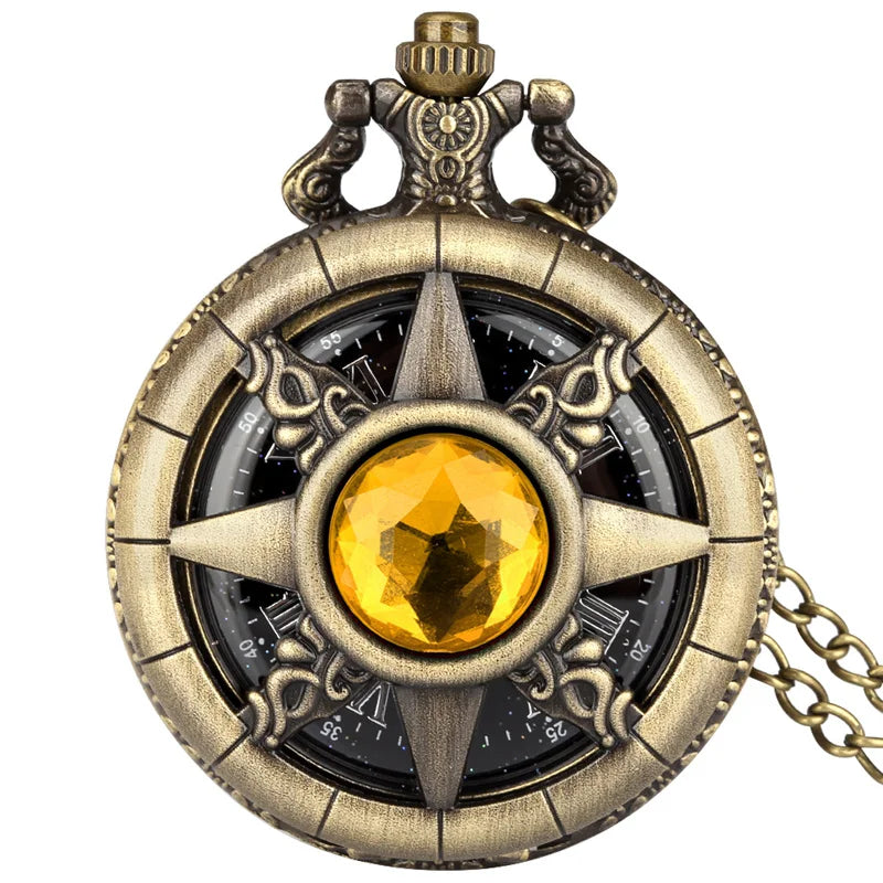 Exquisite Emerald-Green Stone Bronze Case Quartz Pocket Watch, Simples Dial Branco Cadeia Relógio, Colar Pingente para Homens e Mulheres
