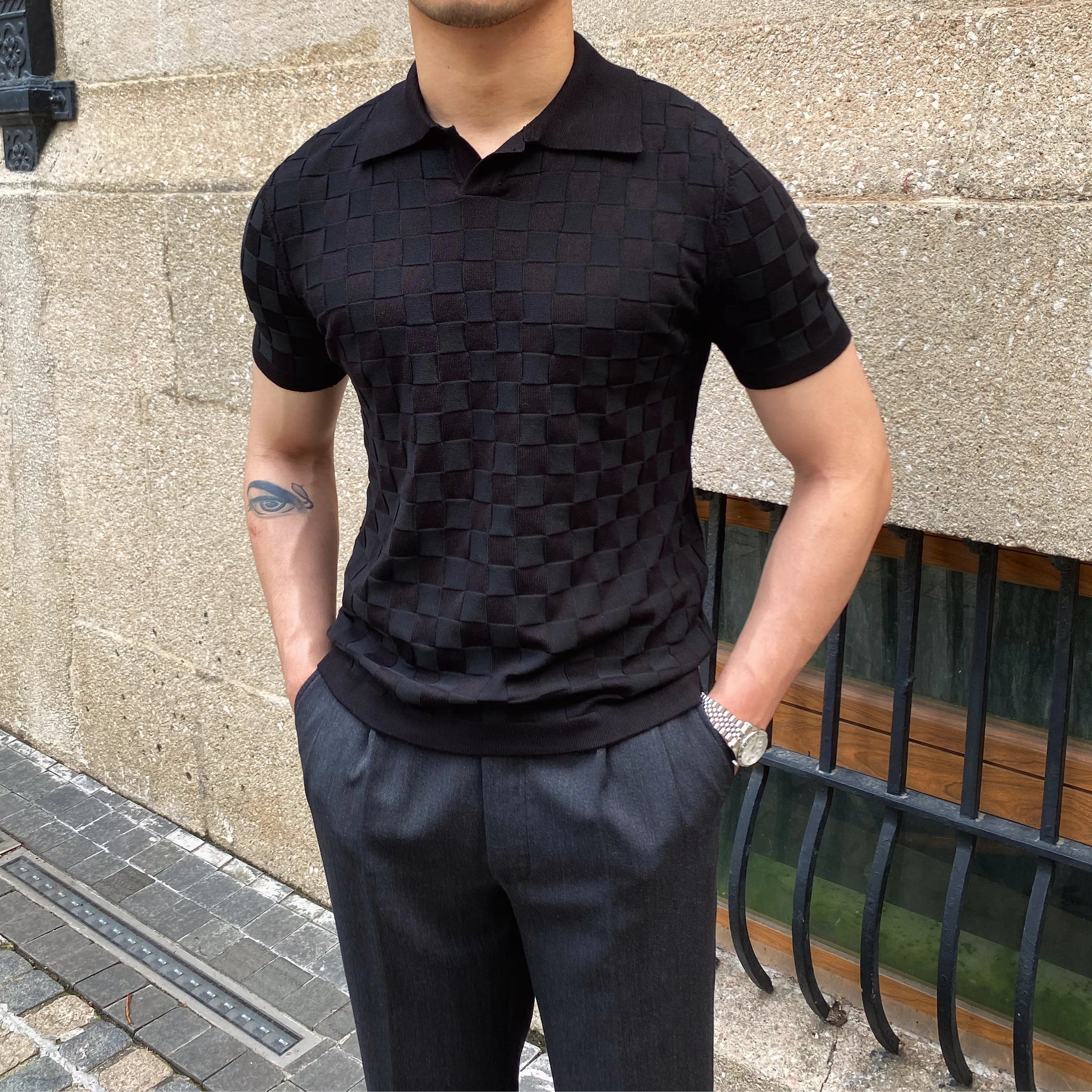 Camisas polo xadrez de malha masculina, camiseta de lapela, manga curta, gola em v, elástica, justa, casual, de negócios, social, verão, 2022