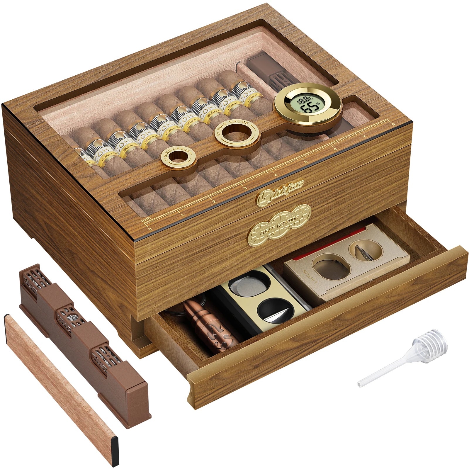 Umidificador de charutos, caixa de charutos de madeira de cedro com umidificador higrômetro digital, balança de medição e gaveta, presentes de umidificador de mesa superior de vidro