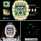 MEGIR-Relógio quartzo impermeável masculino, verde dourado, pulseira de silicone, cronógrafo, relógio de pulso com data, ponteiros luminosos, moda desportiva