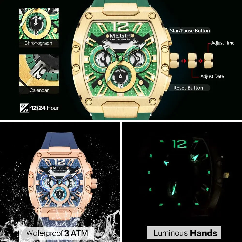MEGIR-Relógio quartzo impermeável masculino, verde dourado, pulseira de silicone, cronógrafo, relógio de pulso com data, ponteiros luminosos, moda desportiva