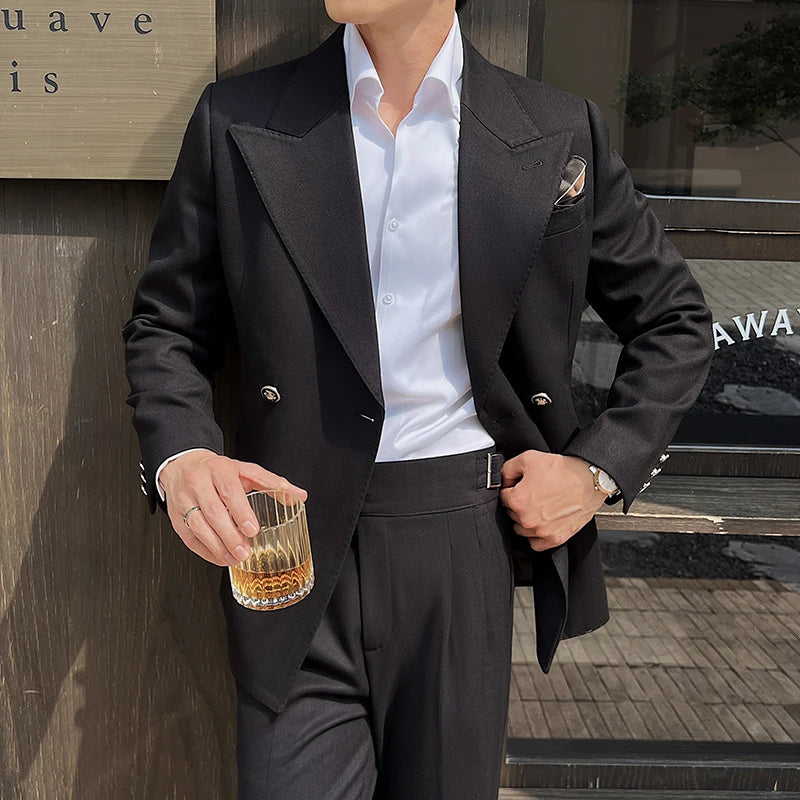 (Jaquetas + calça) moda duplo breasted design masculino terno estilo italiano luxo elegante negócios social vestido de casamento terno grosso 2 peças